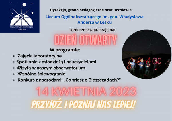 Dyrekcja grono pedagogiczne oraz uczniowie Serdecznie zapraszaja na W programie Zajecia laboratoryjne Spotkanie z modziea i nauczycielami Wizyta w naszym obserwatorium Wspolne piewogranie Konkurs z